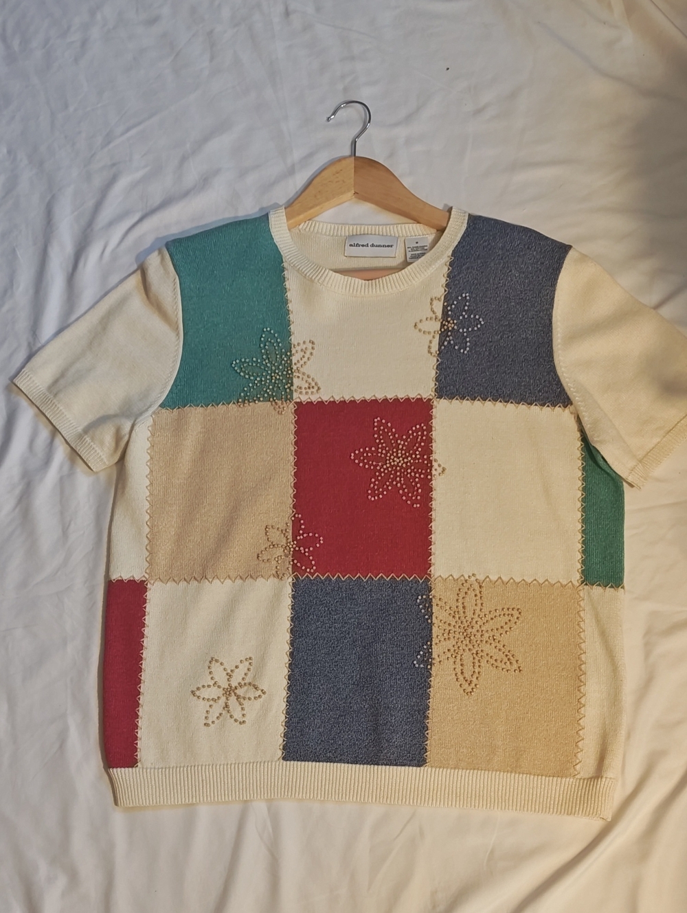 Alfred Dunner Patchwork Floral Knit Tee in Cream, Red, Teal, Navy, Tan